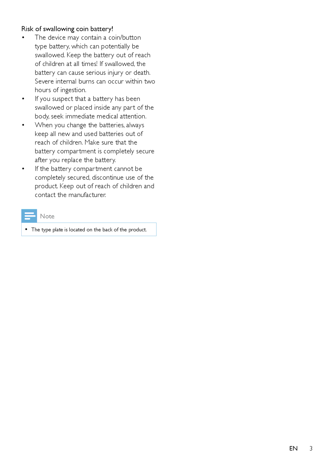 Philips OTT2000 user manual Risk of swallowing coin battery 