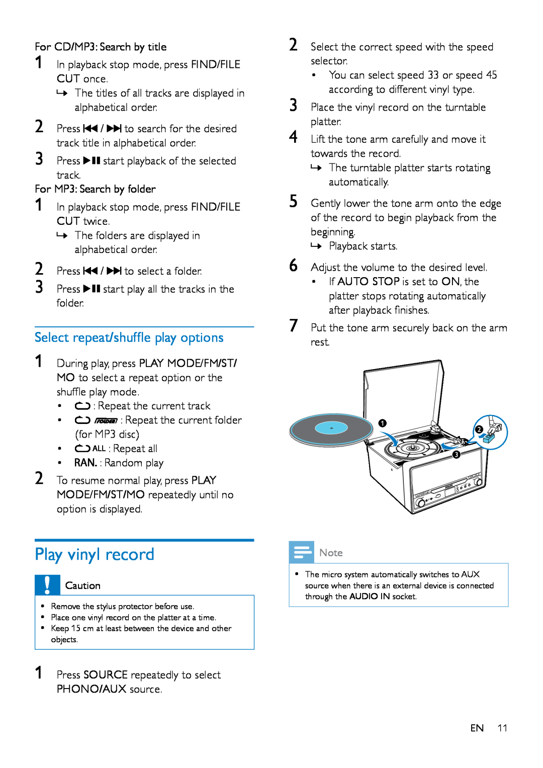 Philips OTT2000 user manual Play vinyl record, Select repeat/shuffle play options 