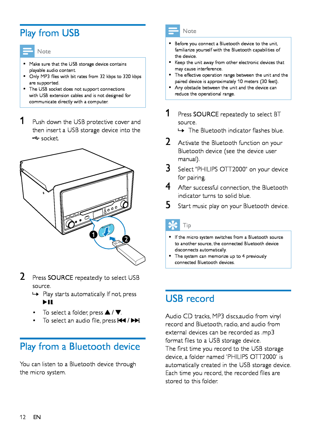 Philips OTT2000 user manual Play from USB, Play from a Bluetooth device, USB record 