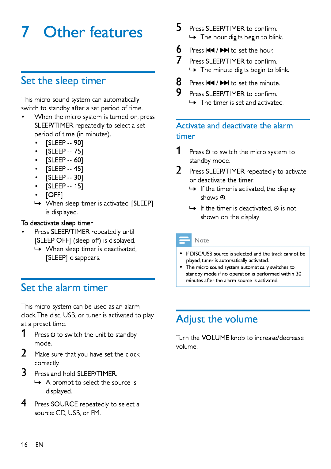 Philips OTT2000 user manual Other features, Set the sleep timer, Set the alarm timer, Adjust the volume 