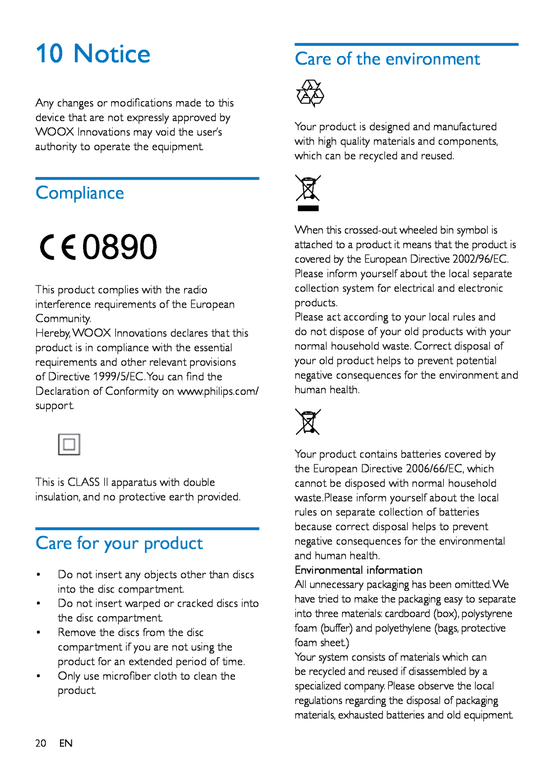 Philips OTT2000 user manual Compliance, Care for your product, Care of the environment 