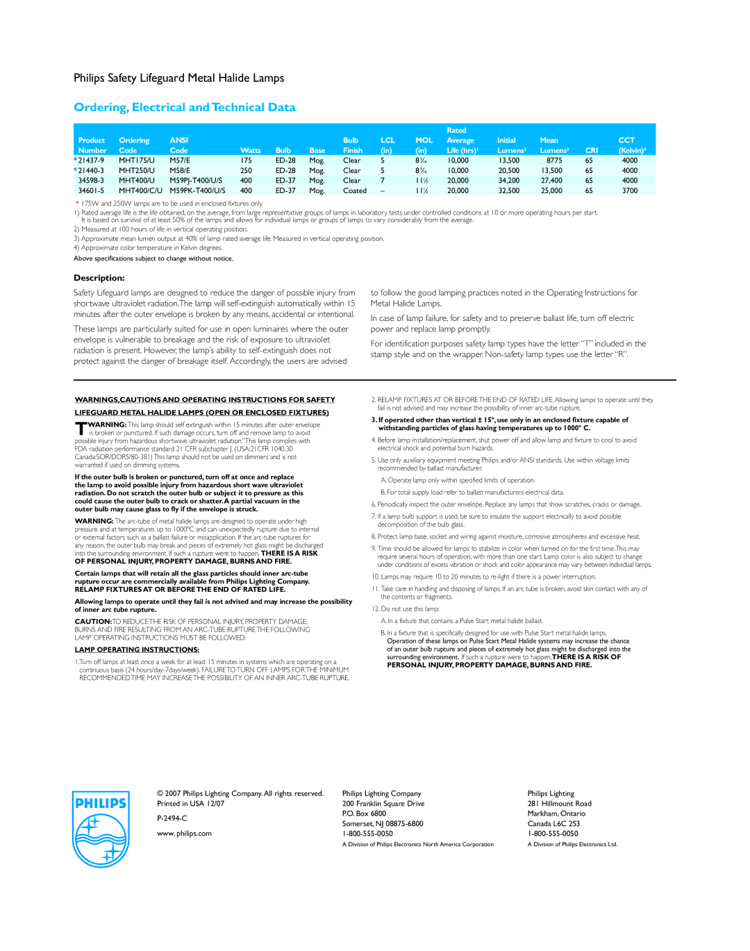 Philips P-2494-C Lifeguard Metal Halide Lamps Open or Enclosed Fixtures, Personal INJURY, Property DAMAGE, Burns and Fire 