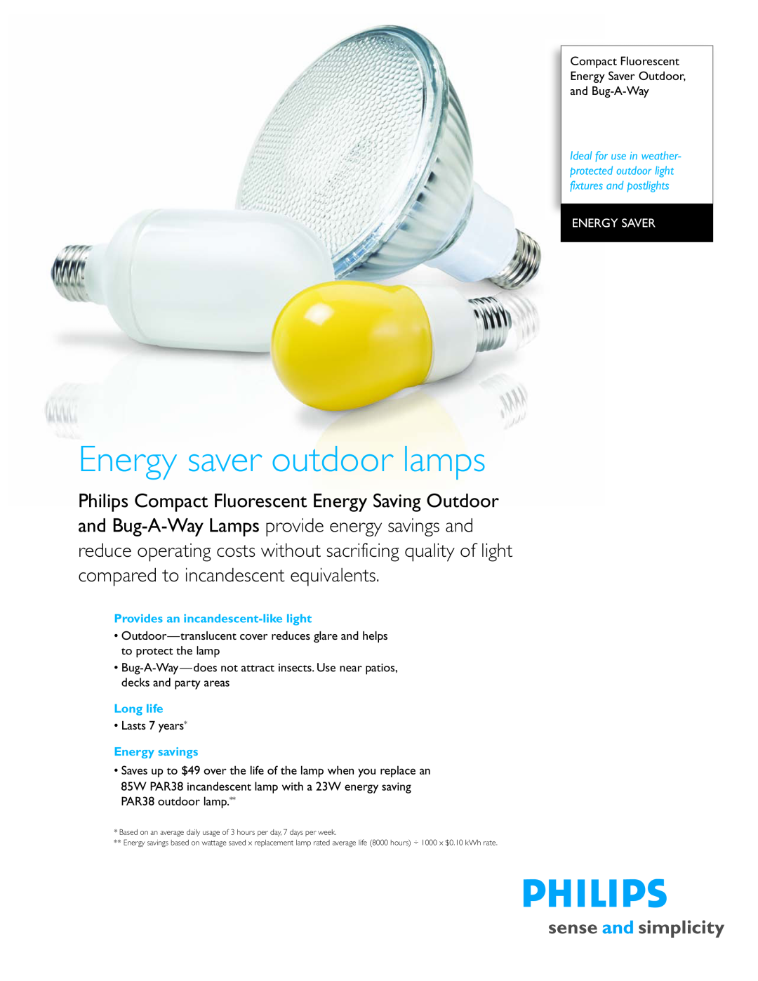 Philips P-5095-G manual Energy saver outdoor lamps, Philips Compact Fluorescent Energy Saving Outdoor, Long life 