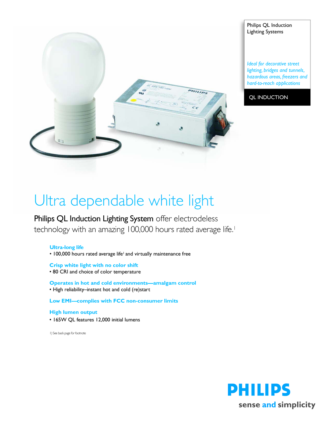 Philips P-5456-J manual Ultra dependable white light, Philips QL Induction Lighting System offer electrodeless 