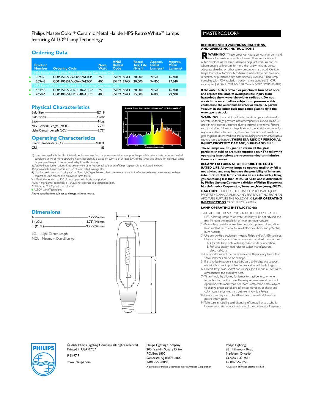 Philips P-5497-F manual Ordering Data, Physical Characteristics, Operating Characteristics, Dimensions 