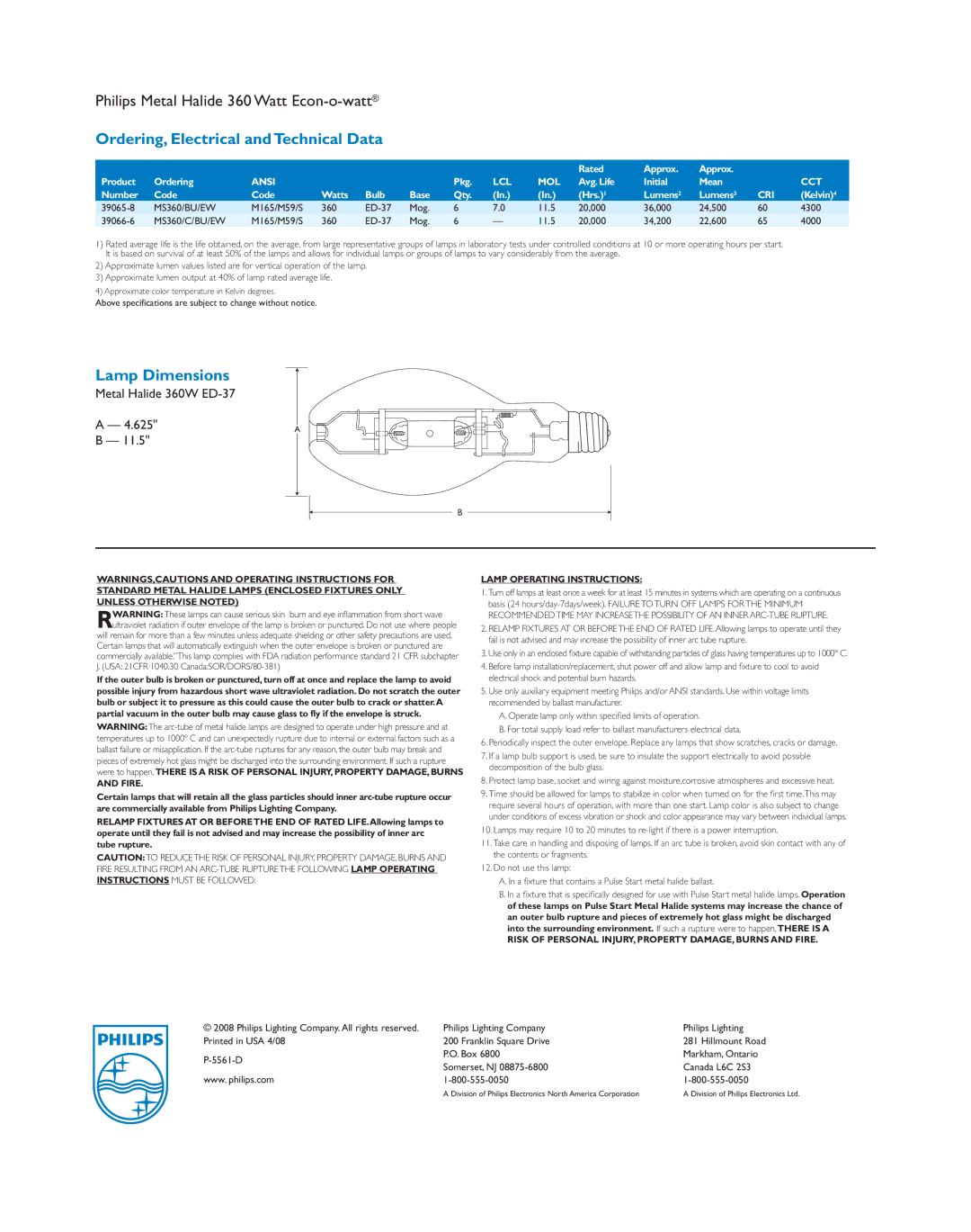 Philips P-5561-D manual Ordering, Electrical andTechnical Data, Lamp Dimensions, Fire, Lamp Operating Instructions 