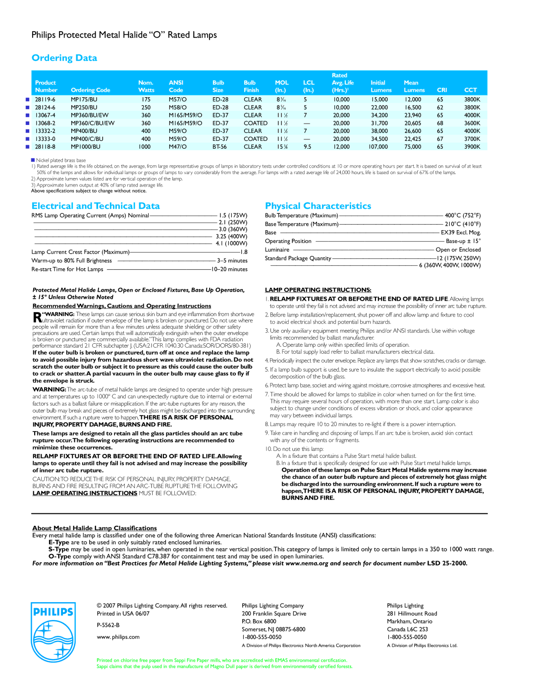 Philips P-5562-B manual Ordering Data, Electrical andTechnical Data, Physical Characteristics, Lamp Operating Instructions 