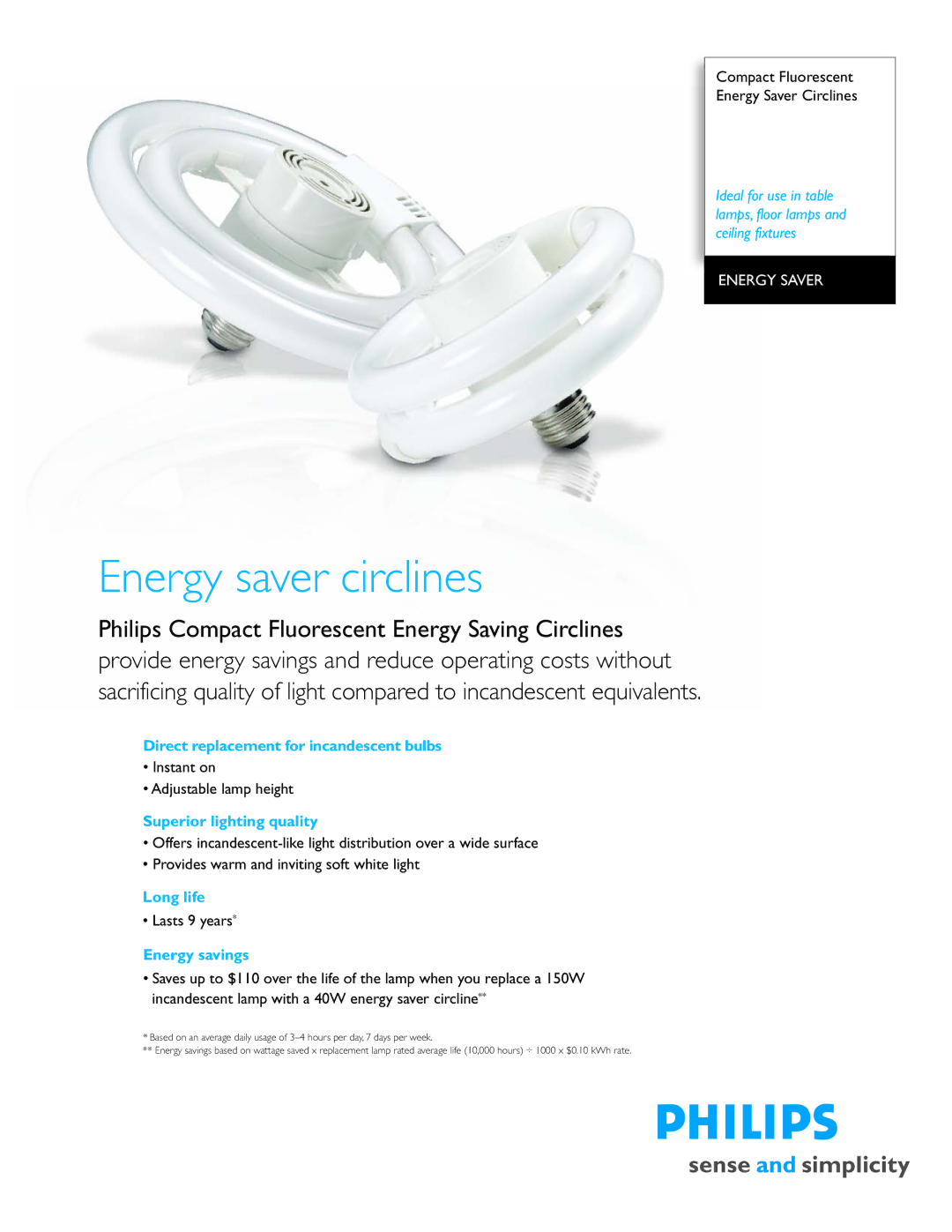 Philips P-5775-B manual Energy saver circlines, Philips Compact Fluorescent Energy Saving Circlines 