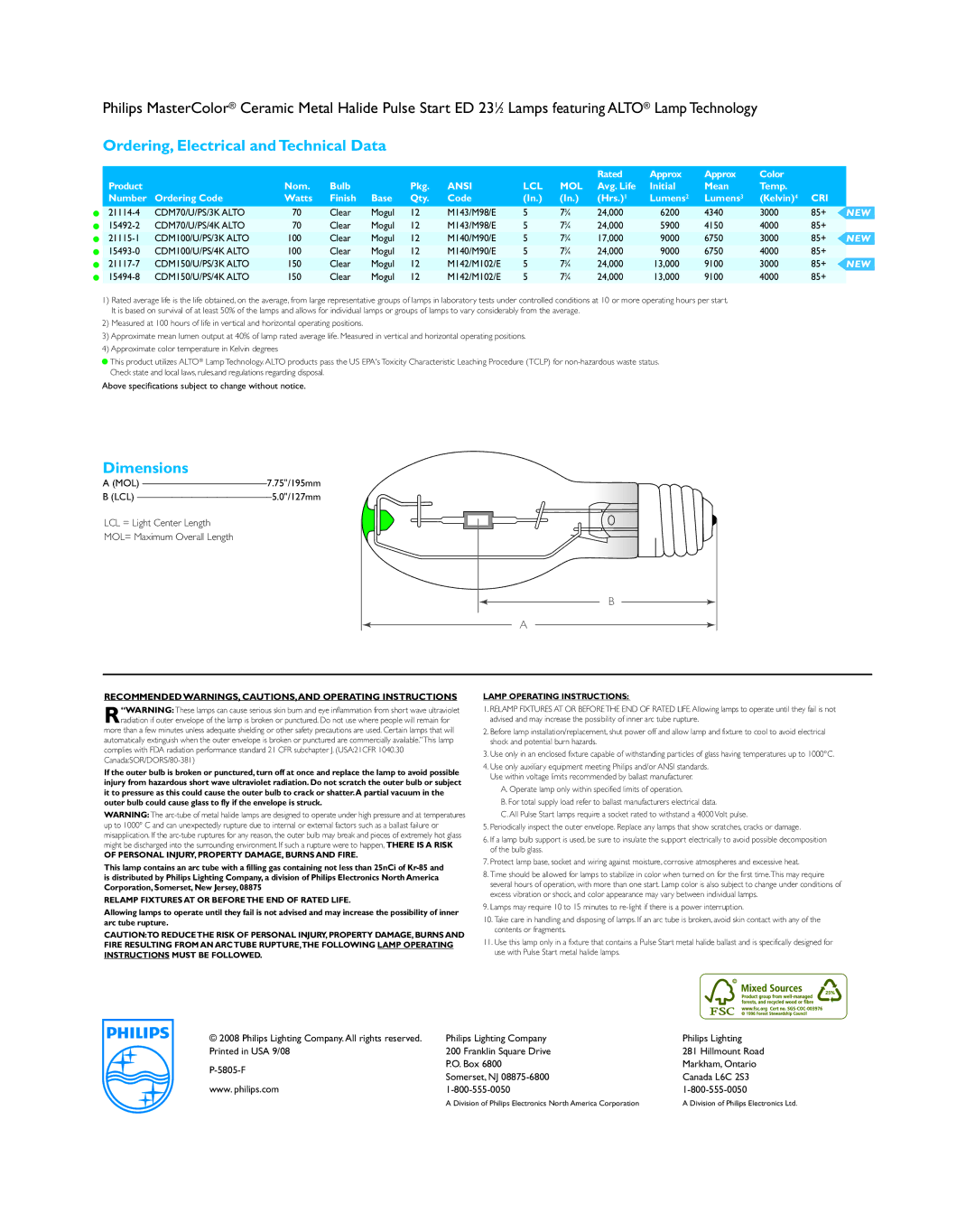 Philips P-5805-F Ordering, Electrical and Technical Data, Dimensions, Personal INJURY, Property DAMAGE, Burns and Fire 