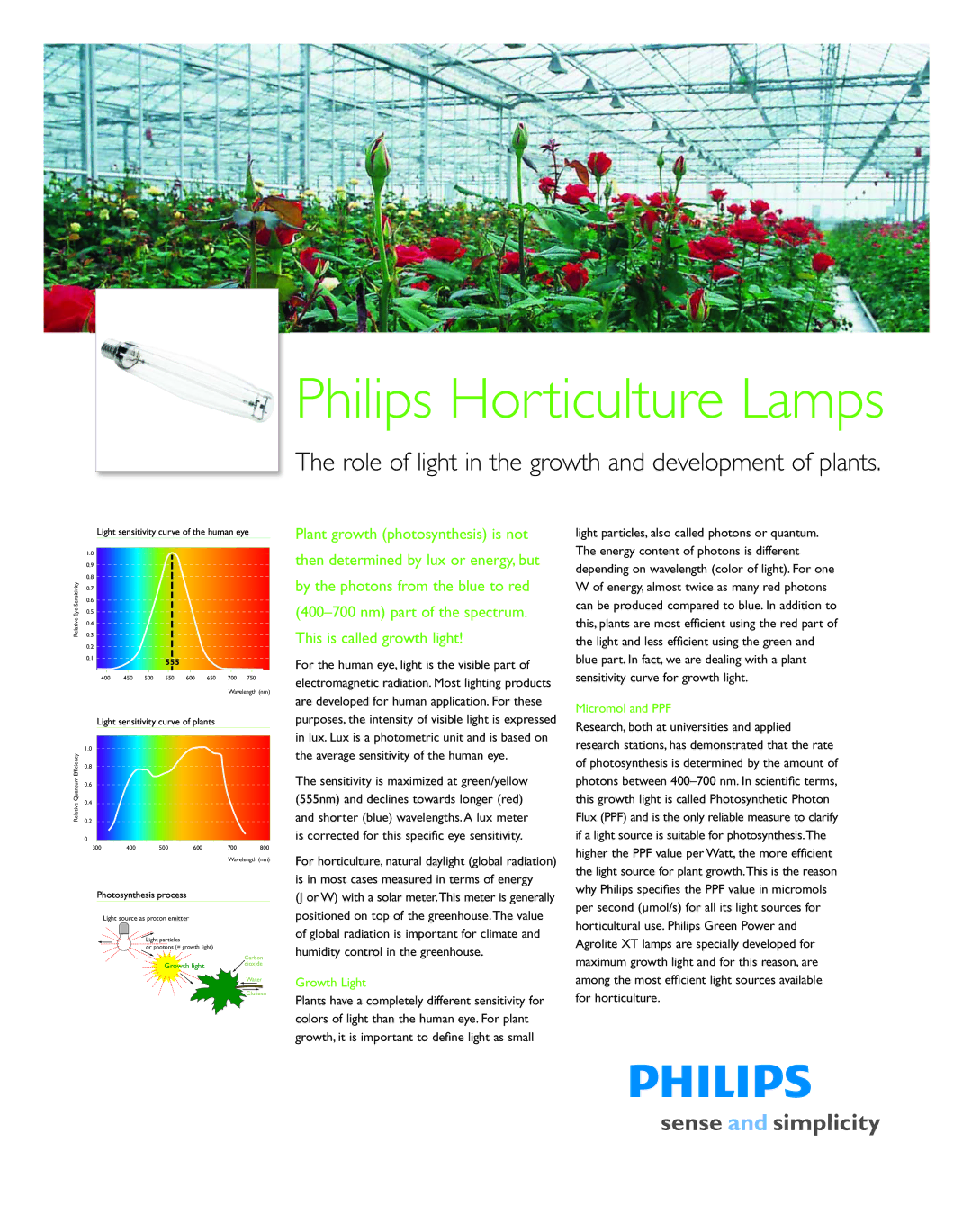 Philips 40488-9 manual Growth Light, Micromol and PPF, Light sensitivity curve of the human eye, Photosynthesis process 