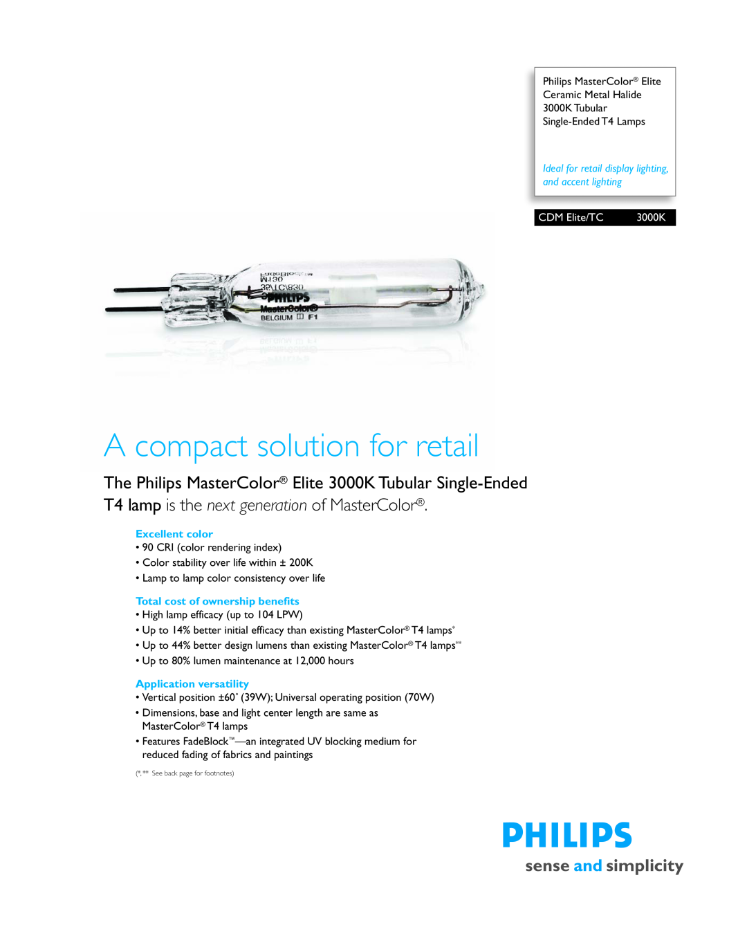 Philips P-5899-A dimensions CDM Elite/TC, A compact solution for retail, T4 lamp is the next generation of MasterColor 