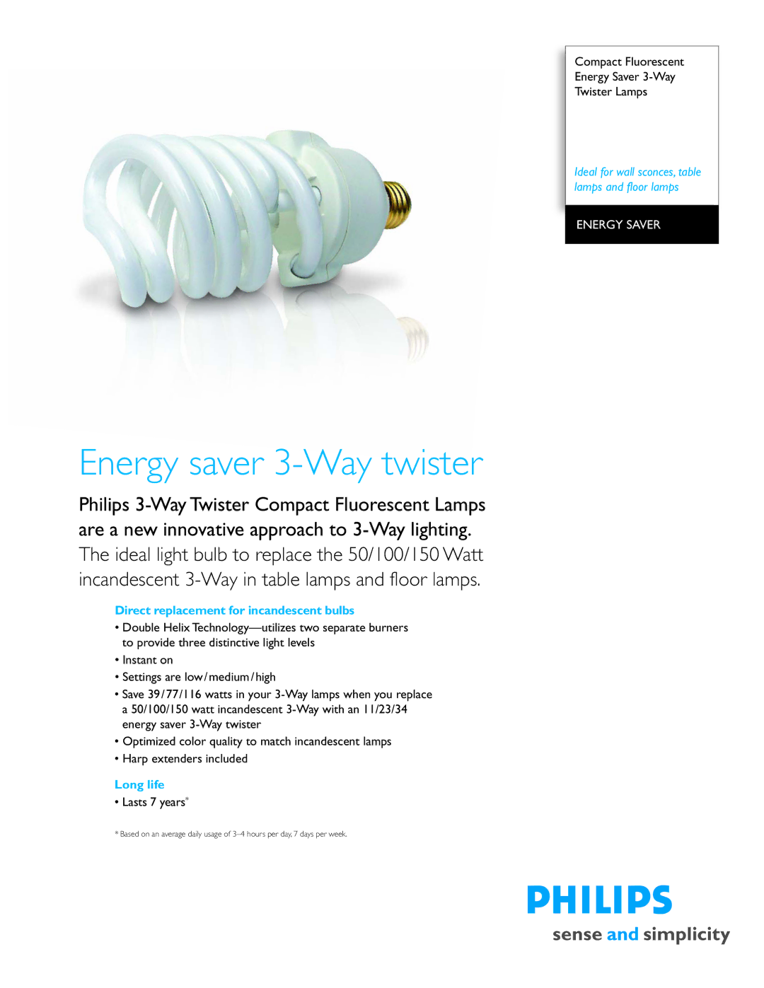 Philips P-5908 manual Energy saver 3-Way twister, Direct replacement for incandescent bulbs, Long life 