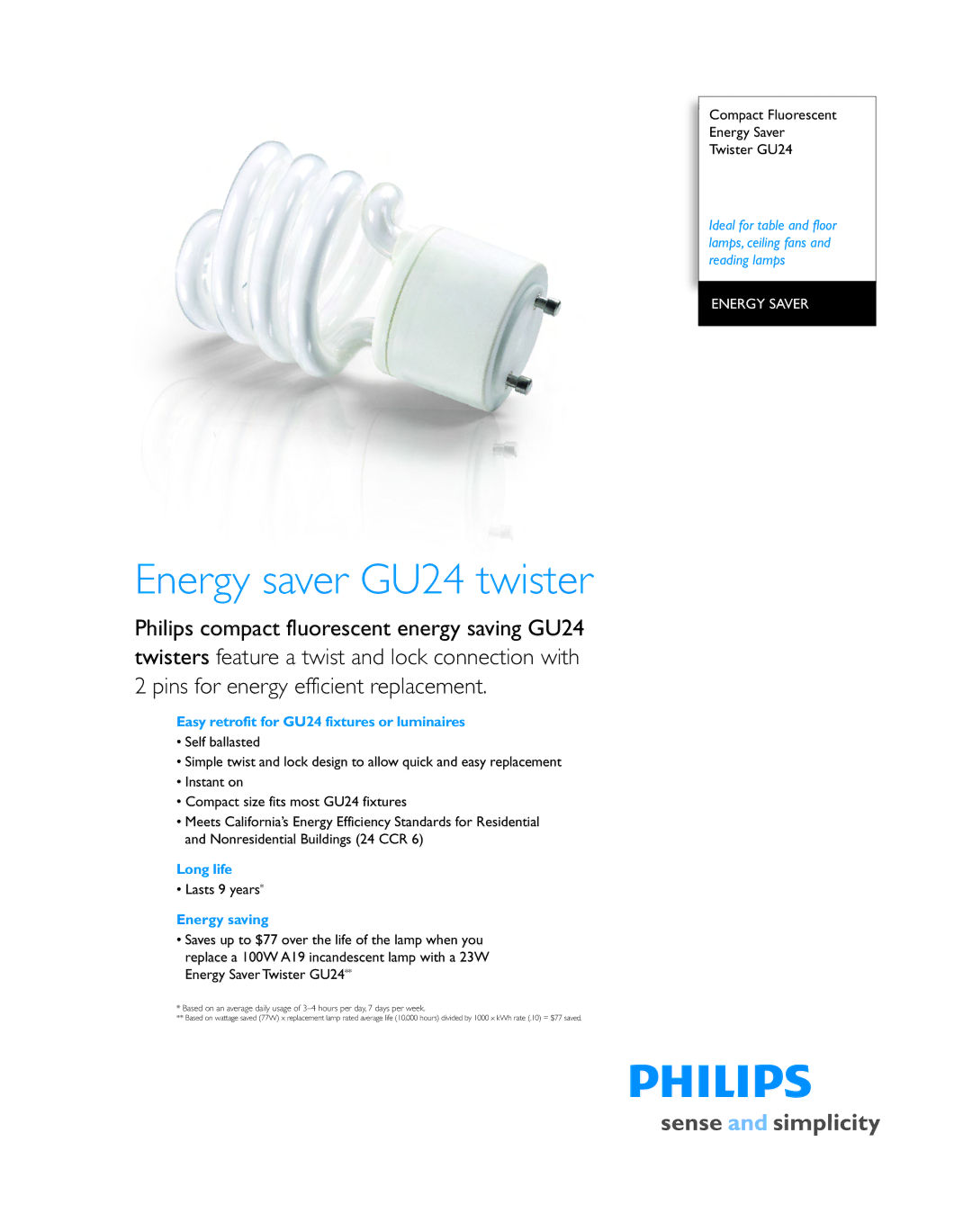 Philips P-5957 manual Easy retrofit for GU24 fixtures or luminaires, Long life, Energy saving 