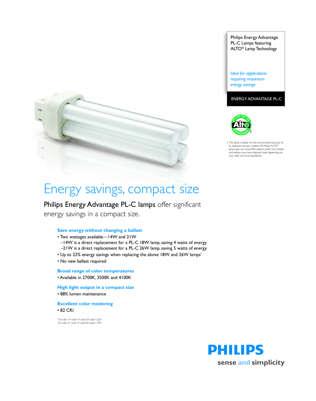 Philips P-5974 manual Energy savings, compact size 