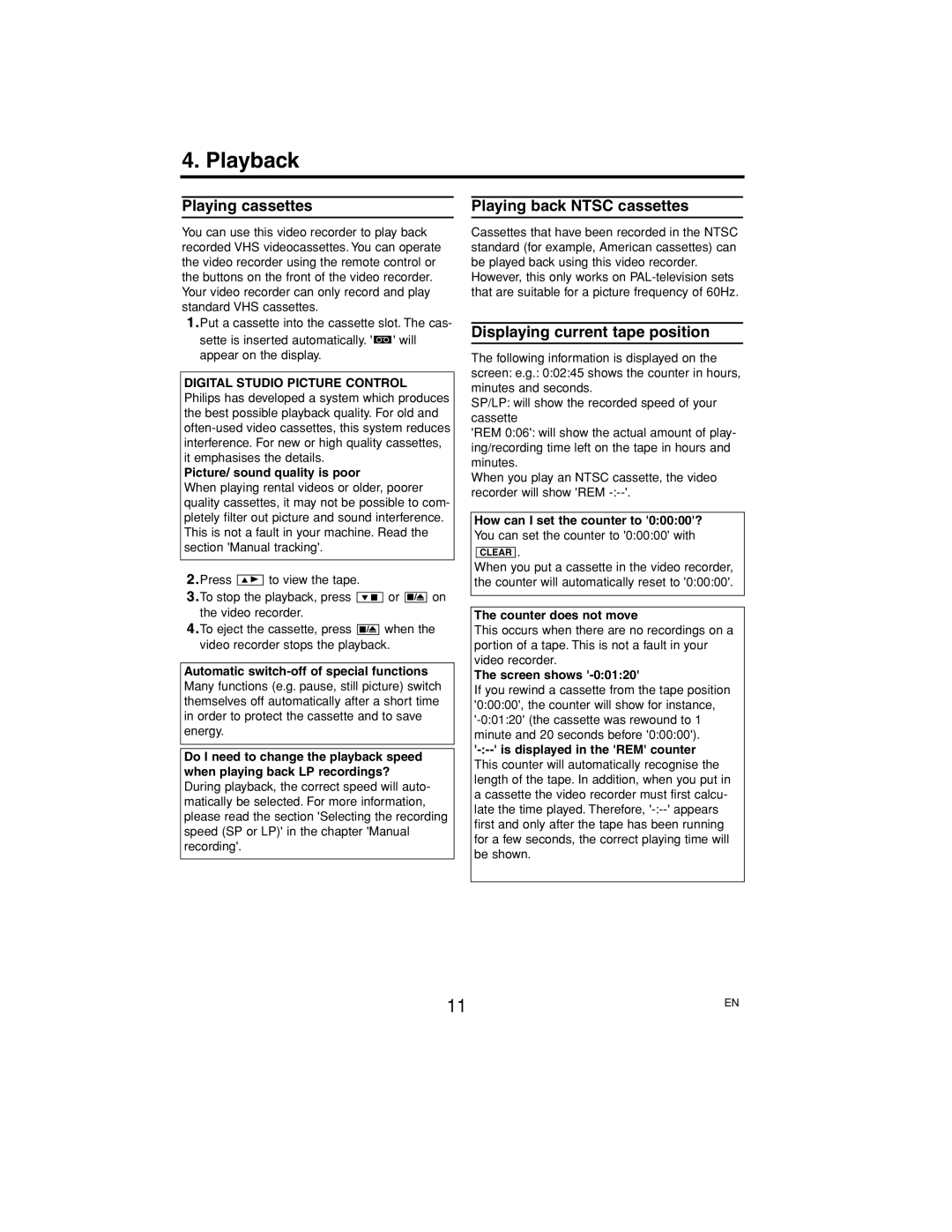 Philips E4PIN, P406TAT Playback, Playing cassettes, Playing back Ntsc cassettes, Displaying current tape position 