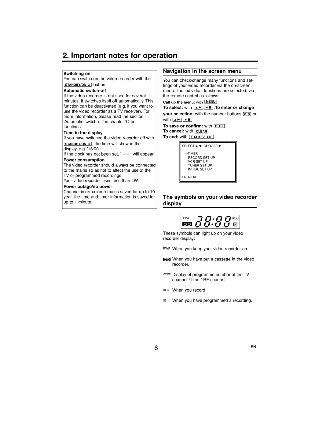 Philips P406TAT Important notes for operation, Navigation in the screen menu, Symbols on your video recorder display 