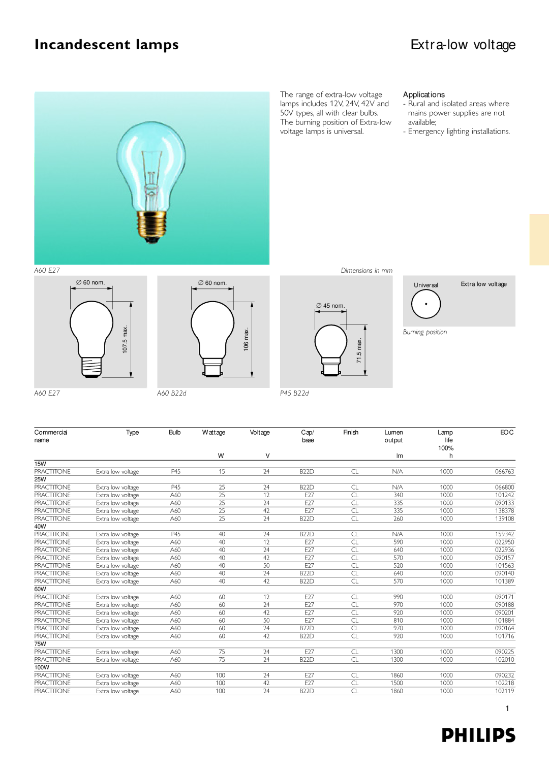 Philips dimensions Incandescent lamps, Extra-low voltage, A60 E27 Dimensions in mm, Burning position A60 E27, Eoc 