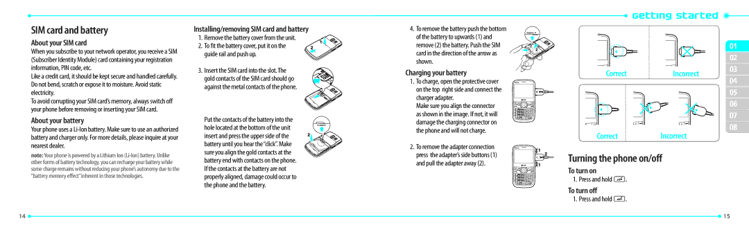 Philips P7040P, Link manual SIM card and battery, Turning the phone on/off 