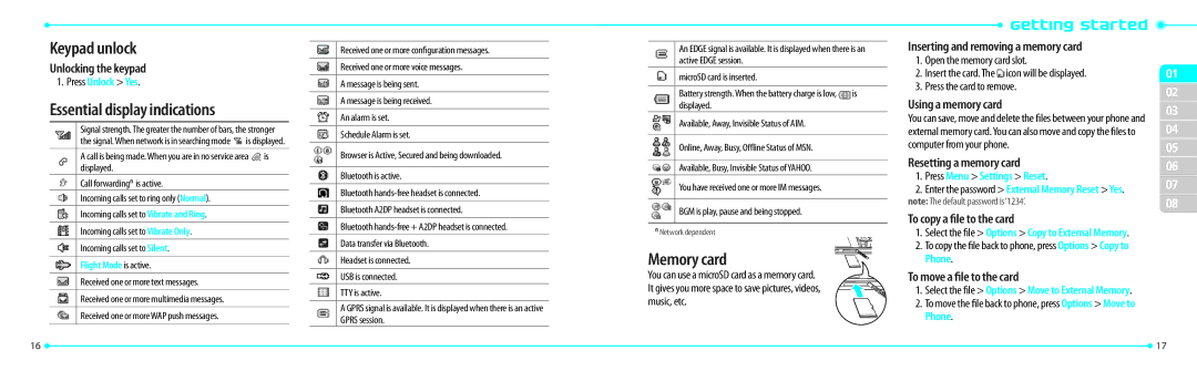 Philips Link, P7040P manual Keypad unlock, Essential display indications, Memory card 