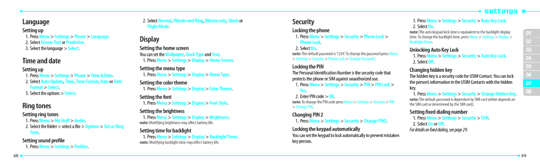 Philips Link, P7040P manual Language, Time and date, Ring tones, Display, Security 