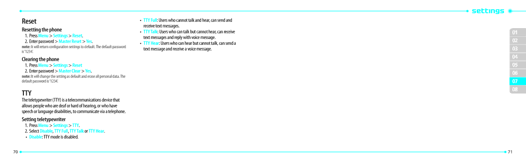 Philips P7040P, Link manual Resetting the phone, Clearing the phone, Setting teletypewriter, Press Menu Settings TTY 