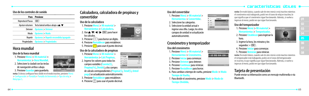 Philips P7040P, Link manual Hora mundial, Calculadora, calculadora de propinas y convertidor, Cronómetro y temporizador 