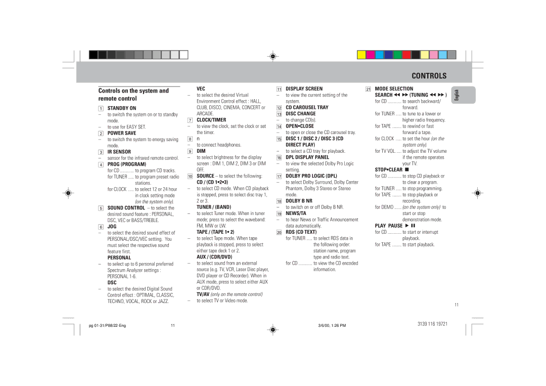 Philips P88 manual Controls on the system and remote control 