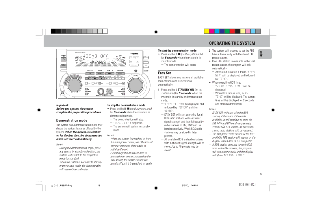 Philips P88 manual Easy Set, Demonstration mode, Mode, To stop the demonstration mode 