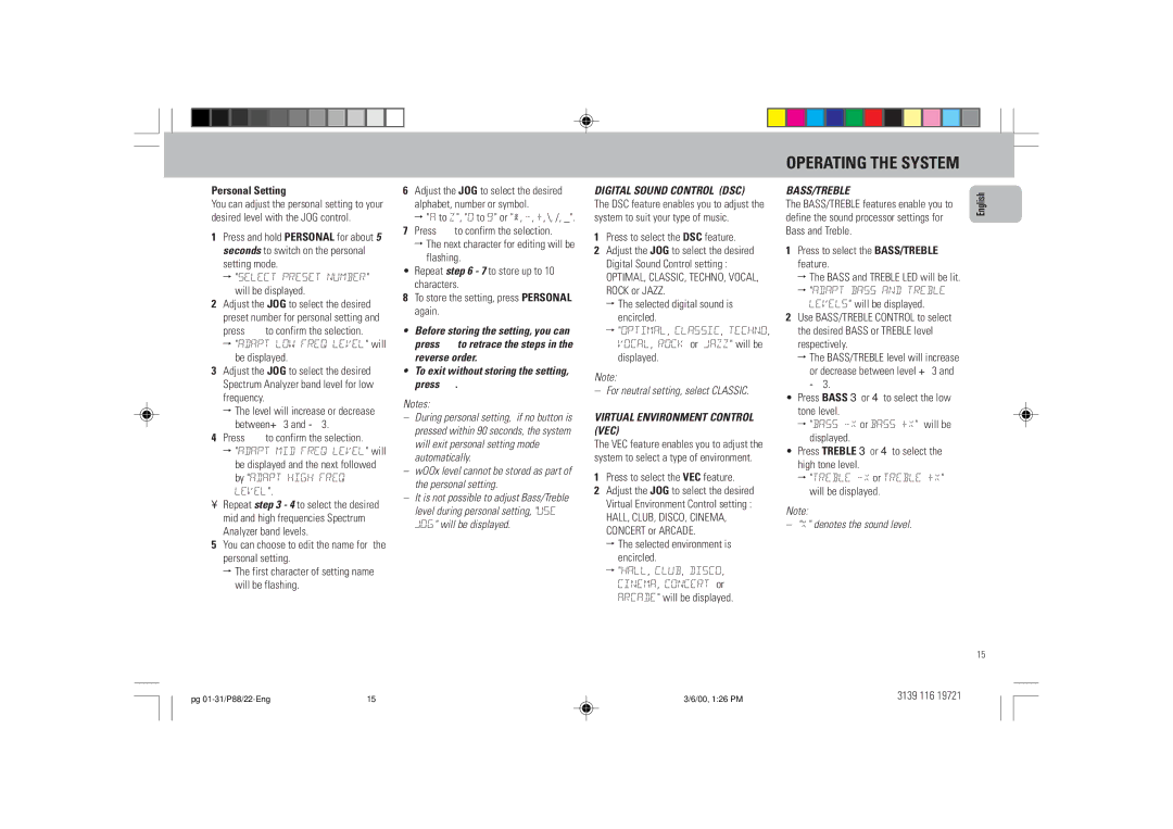 Philips P88 manual Personal Setting, To exit without storing the setting, press ‚, Denotes the sound level 