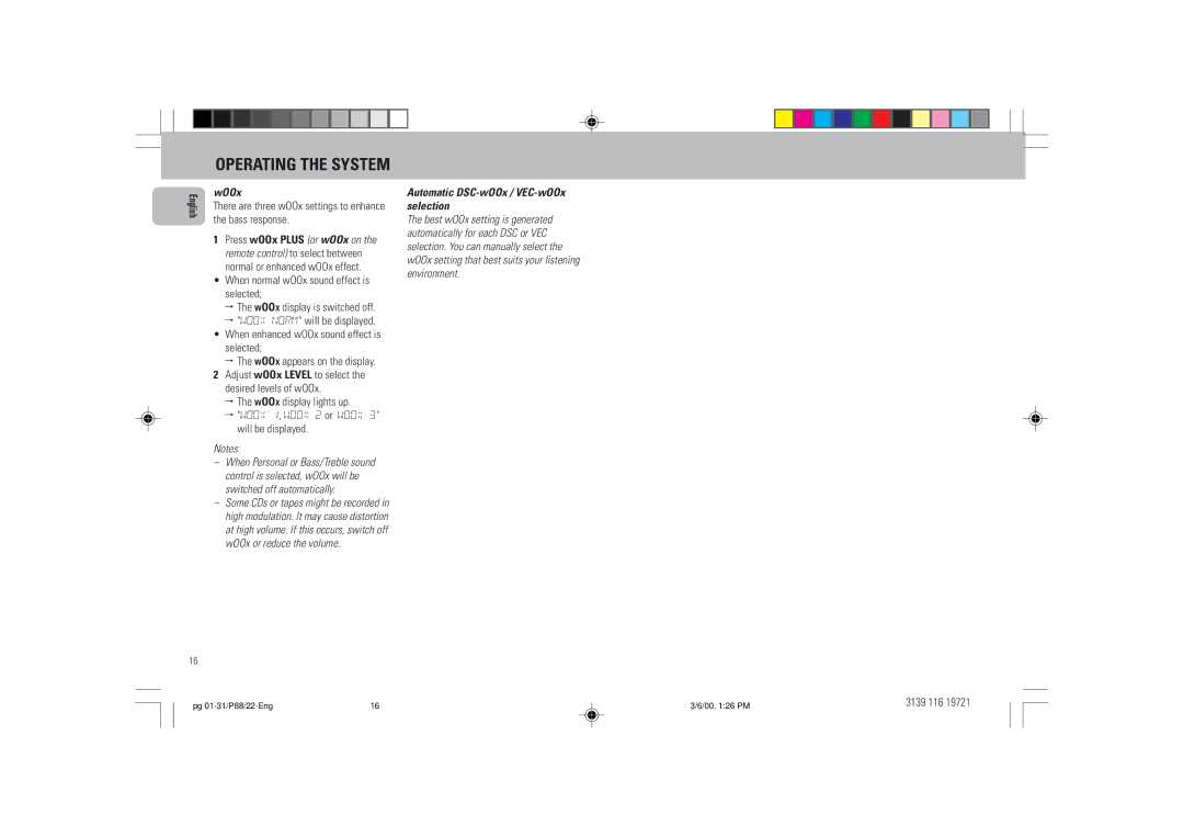 Philips P88 WOOx, There are three wOOx settings to enhance the bass response, When normal wOOx sound effect is selected 