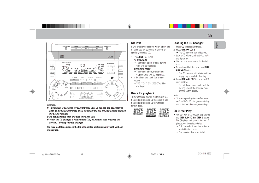 Philips P88 manual CD Text, Loading the CD Changer, Discs for playback, CD Direct Play 