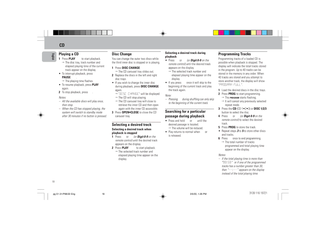 Philips P88 manual Playing a CD, Disc Change, Selecting a desired track, Programming Tracks 