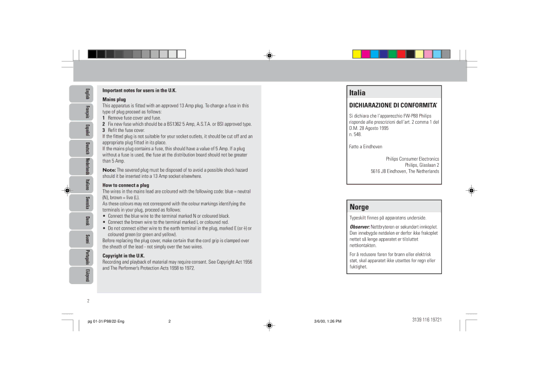 Philips P88 manual Important notes for users in the U.K, Mains plug, How to connect a plug, Copyright in the U.K 