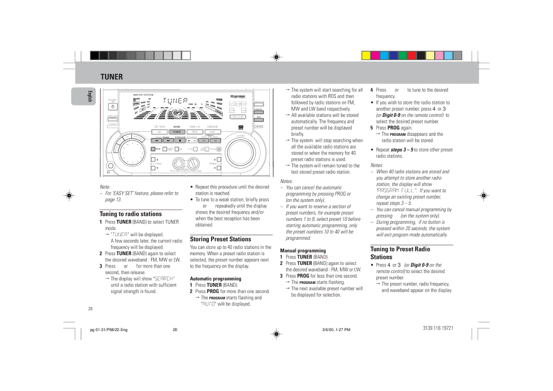 Philips P88 manual Tuner, Tuning to radio stations, Storing Preset Stations, Tuning to Preset Radio Stations 