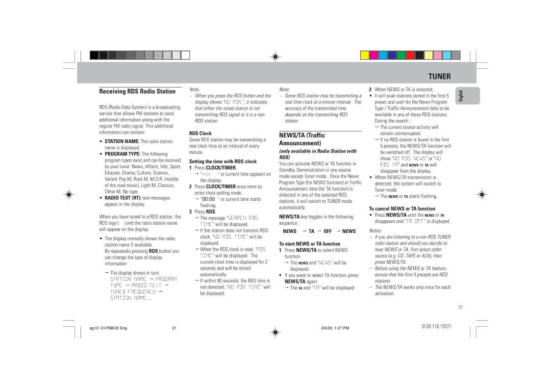 Philips P88 manual NEWS/TA Traffic Announcement, Receiving RDS Radio Station, Only available in Radio Station with RDS 