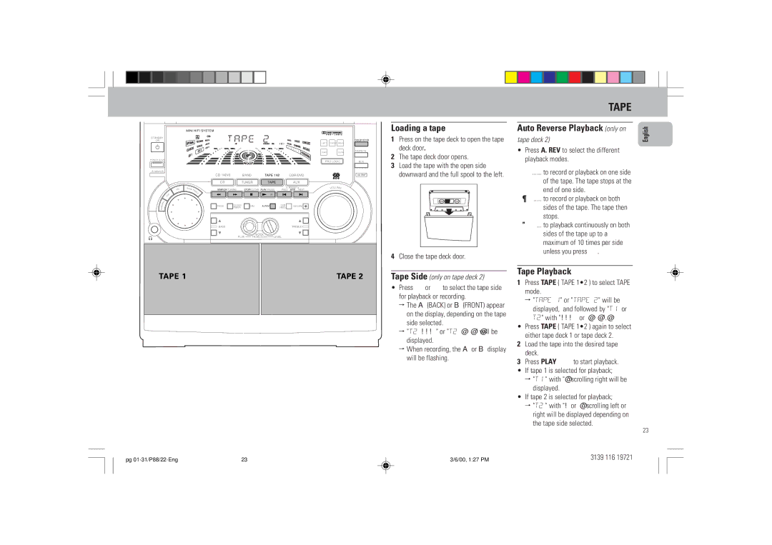 Philips P88 manual Loading a tape, Tape Playback, Auto Reverse Playback only on 