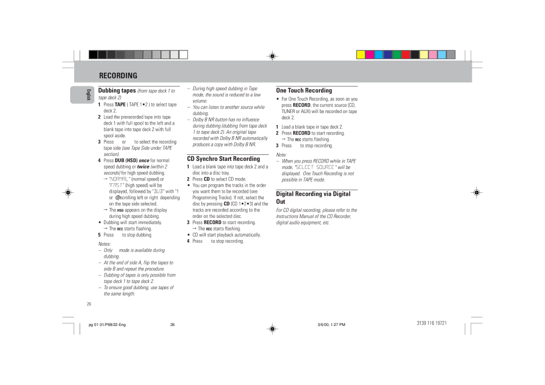 Philips P88 manual CD Synchro Start Recording, One Touch Recording, Digital Recording via Digital Out 