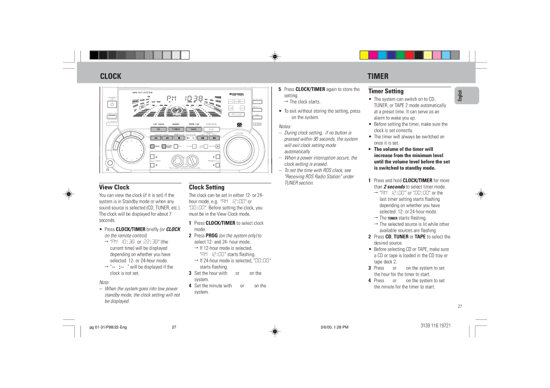 Philips P88 manual Timer Setting, View Clock, Clock Setting 