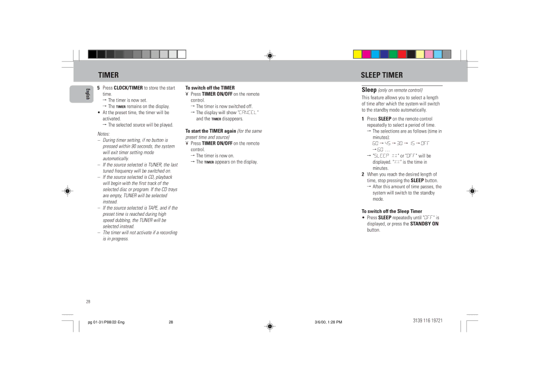 Philips P88 manual To switch off the Timer, To switch off the Sleep Timer 