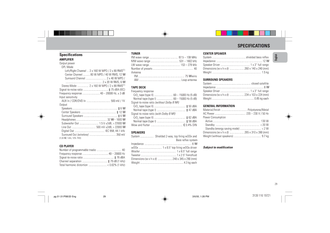 Philips P88 manual Specifications, Subject to modification 