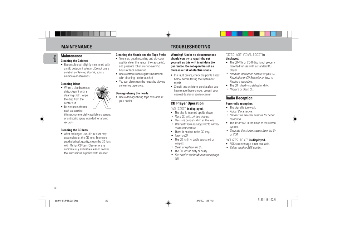 Philips P88 manual Maintenance Troubleshooting, CD Player Operation, Radio Reception 