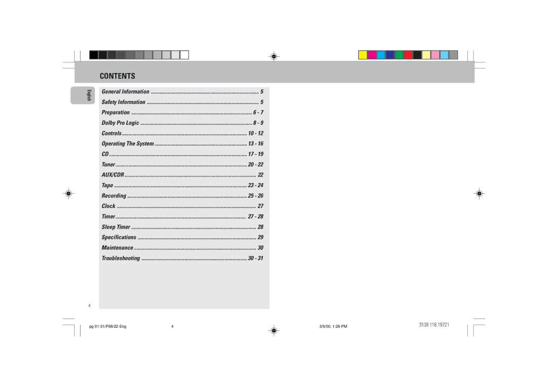 Philips P88 manual Contents 