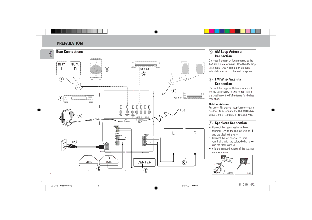 Philips P88 Preparation, AM Loop Antenna Connection, FM Wire Antenna Connection, Speakers Connection, Outdoor Antenna 