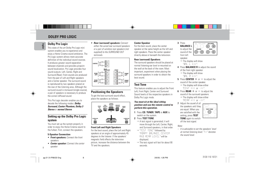 Philips P88 manual Dolby PRO Logic, Test Tone, Setting up the Dolby Pro Logic system, Positioning the Speakers 