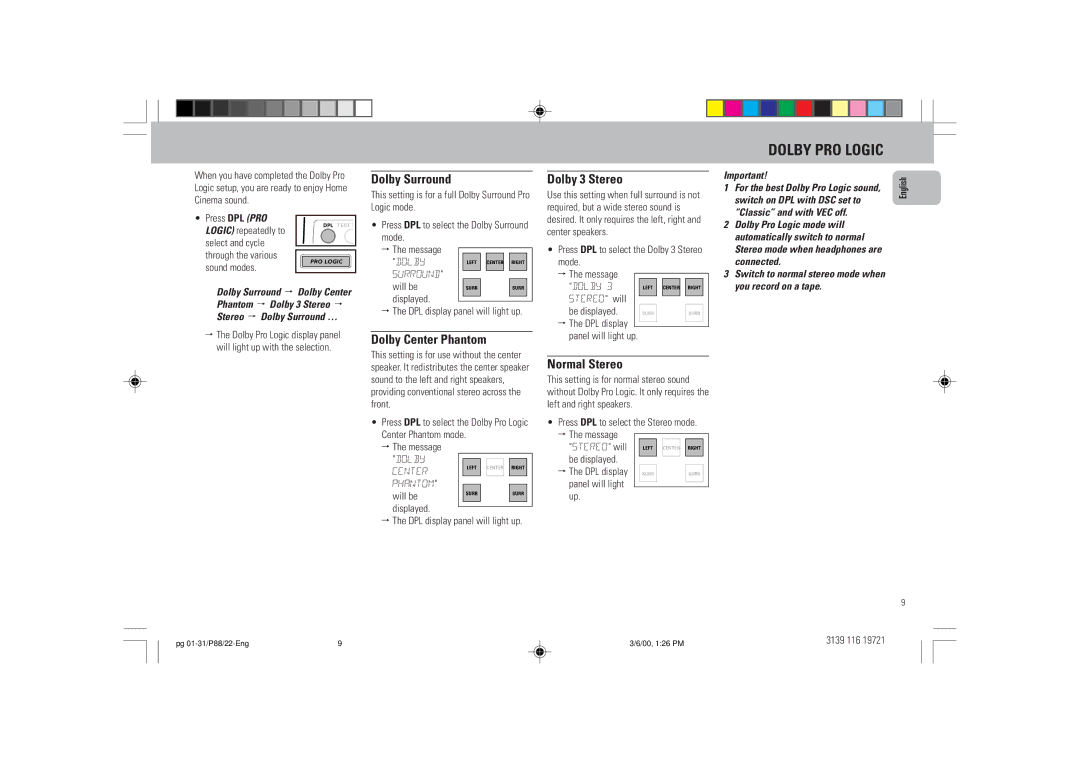 Philips P88 manual Dolby Surround, Dolby 3 Stereo, Dolby Center Phantom, Normal Stereo 