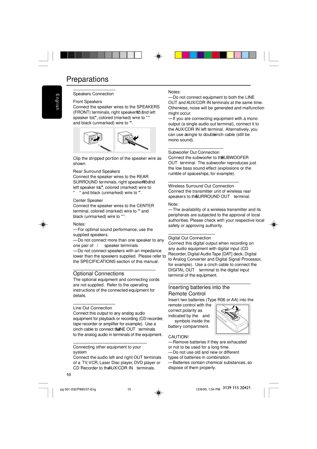 Philips P880 manual Optional Connections, Inserting batteries into the Remote Control 