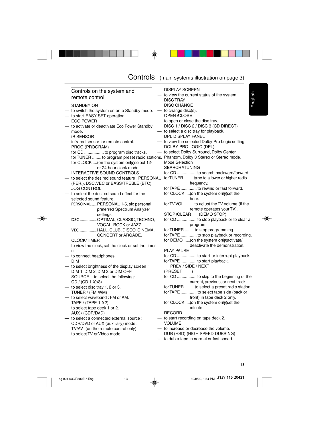 Philips P880 manual Controls on the system and remote control 