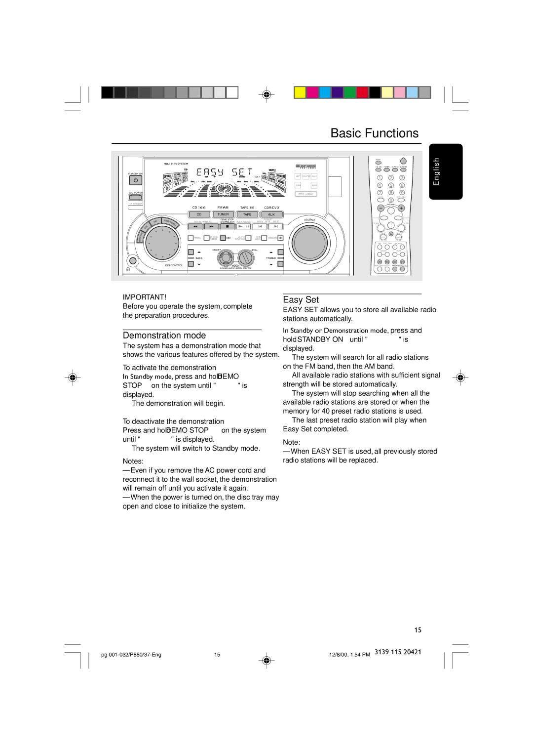 Philips P880 Basic Functions, Demonstration mode, Easy Set, To activate the demonstration, To deactivate the demonstration 