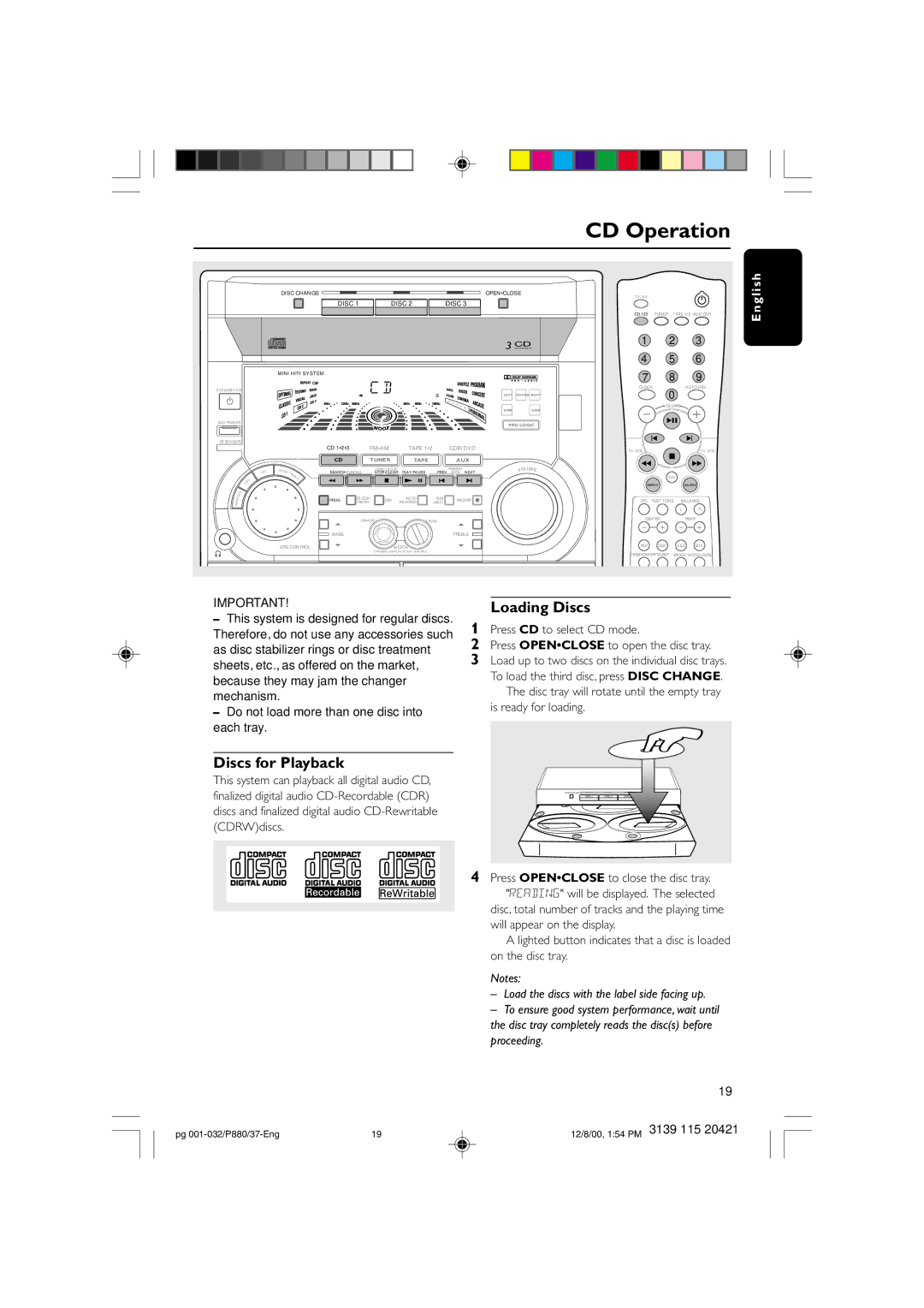 Philips P880 manual CD Operation, Discs for Playback, Loading Discs 