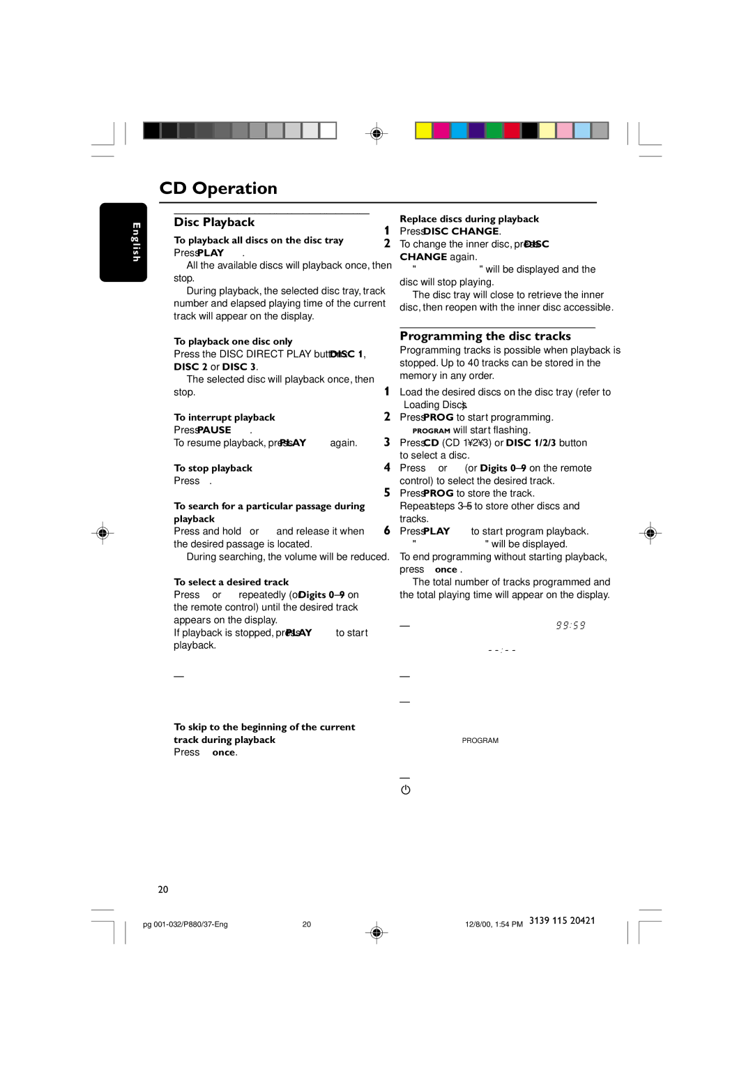 Philips P880 manual Disc Playback, Programming the disc tracks 